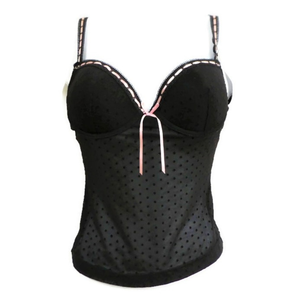NEW Donna Loren Black Cami Bustier Underwire Bra Lingerie Pink Satin Trim S